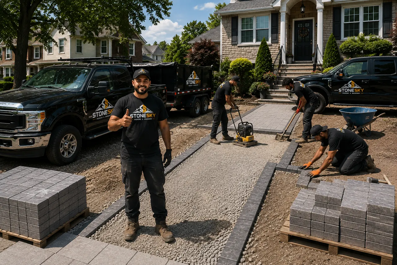 StoneSky crew installing a paver walkway at a Queens home
